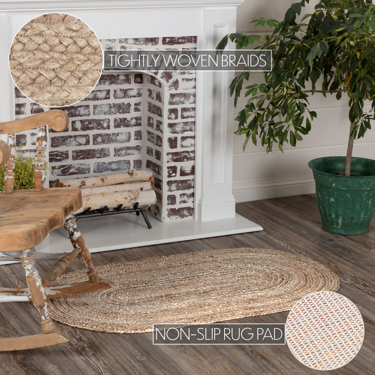 Natural Jute Braided Rug Oval 27"x48" with Rug Pad VHC Brands