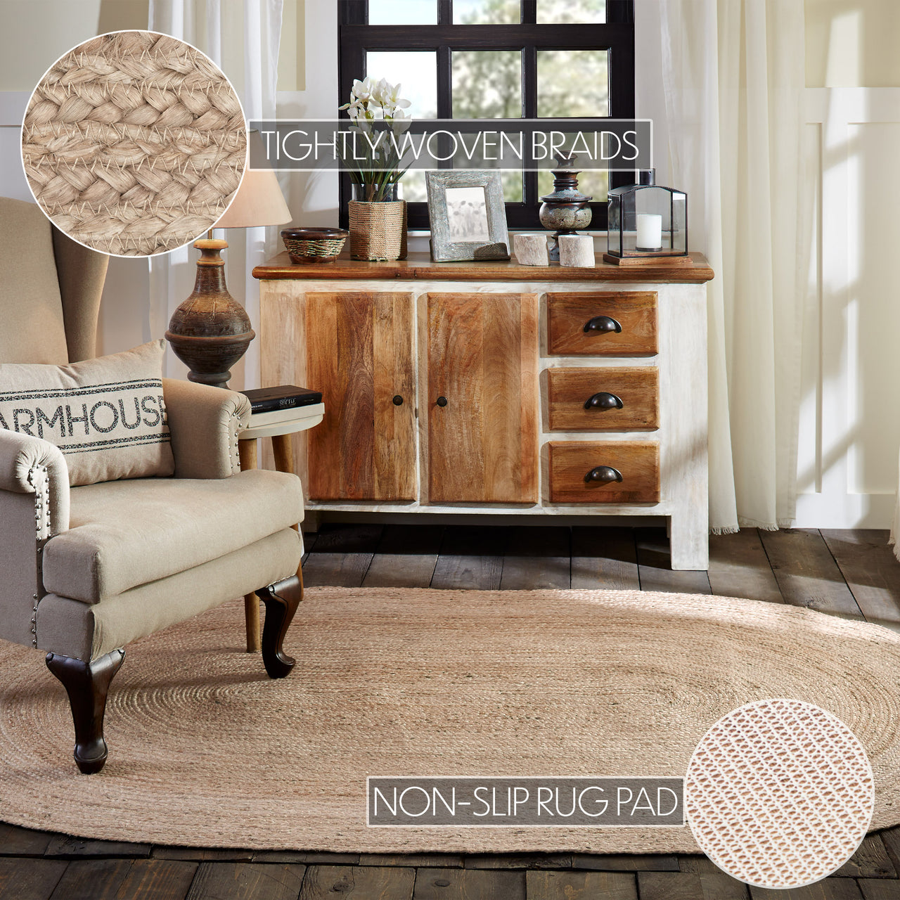 Natural Jute Rug Oval w/ Pad 60x96