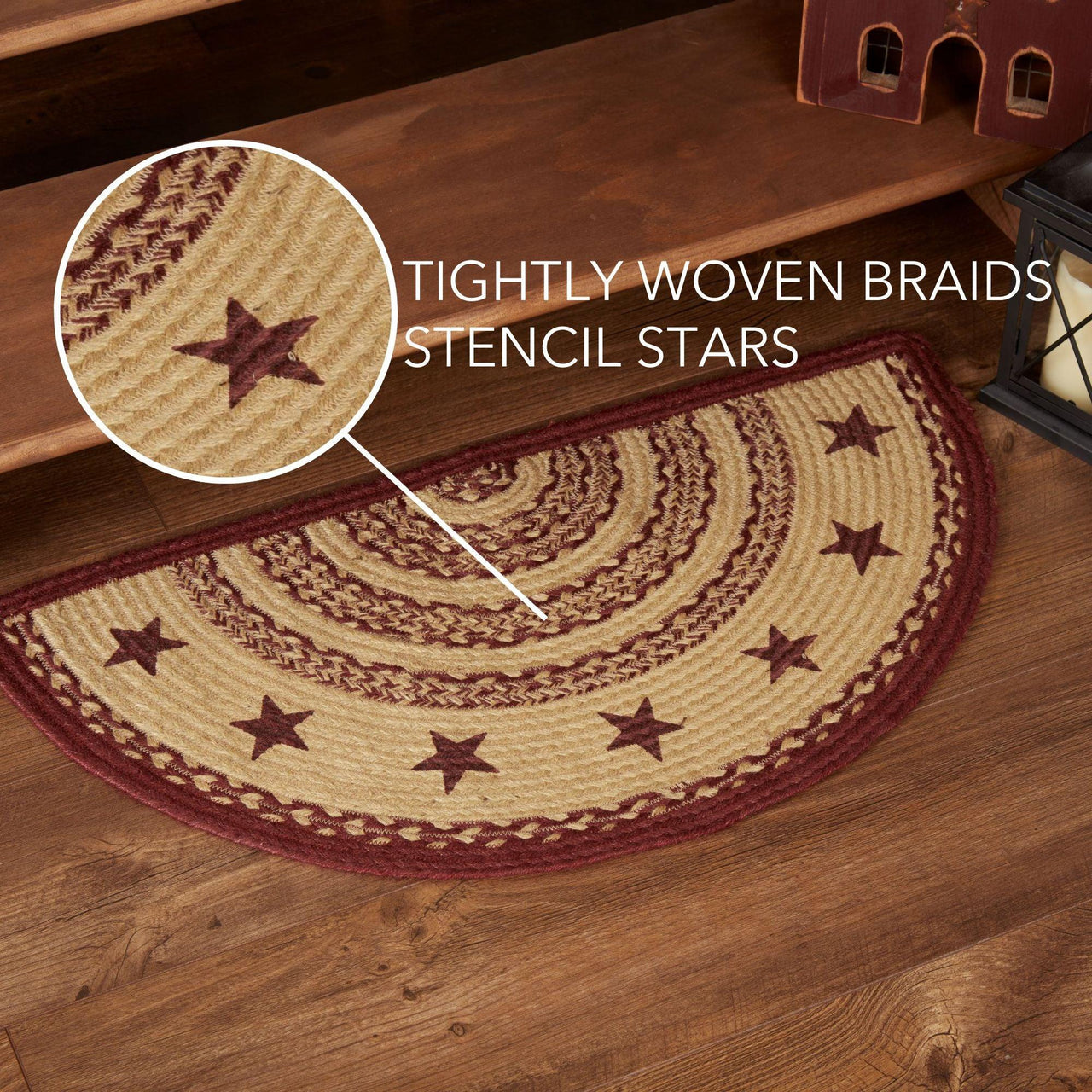 Burgundy Tan Jute Rug Half Circle Stencil Stars 16.5x33 - The Fox Decor