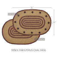 Thumbnail for Burgundy Tan Jute Rug Oval Stencil Stars 24x36