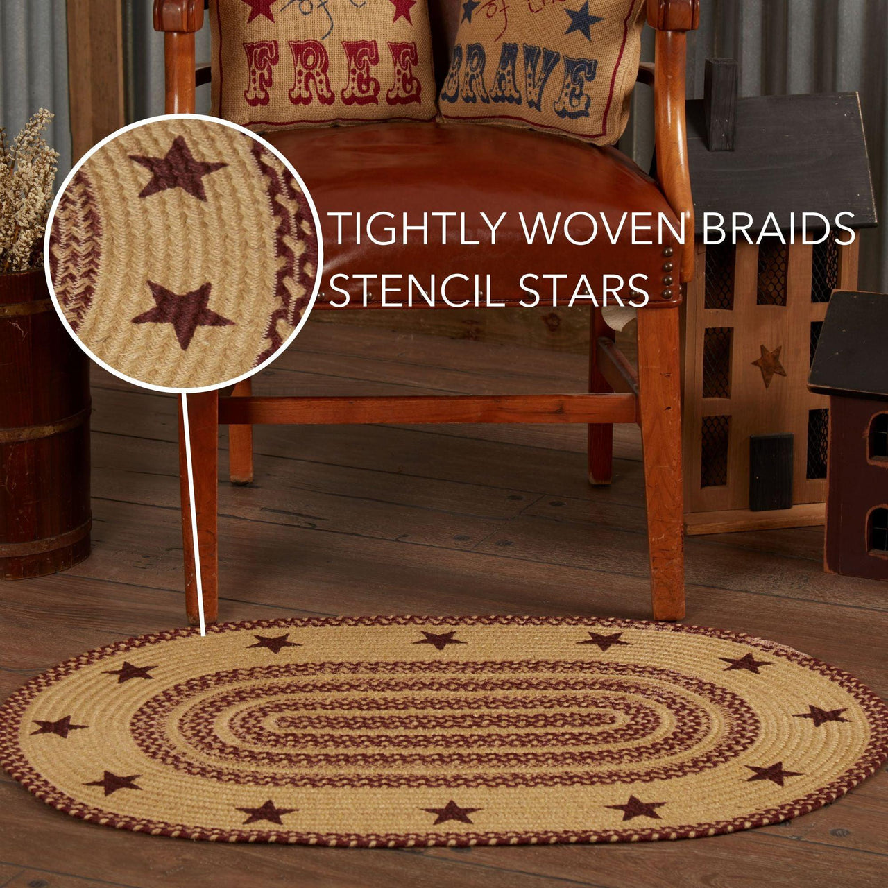 Burgundy Tan Jute Rug Oval Stencil Stars 24x36 - The Fox Decor