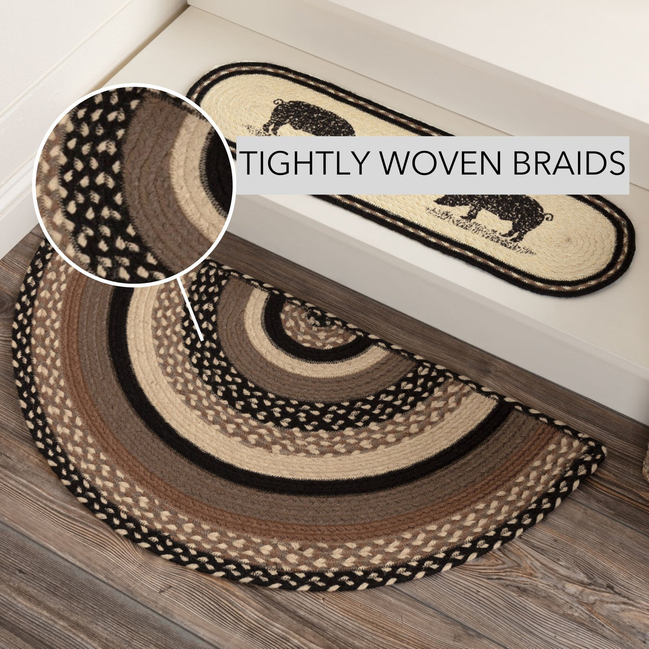 Sawyer Mill Charcoal Jute Braided Rug Half Circle w/ Rug Pad 16.5"x33" VHC Brands