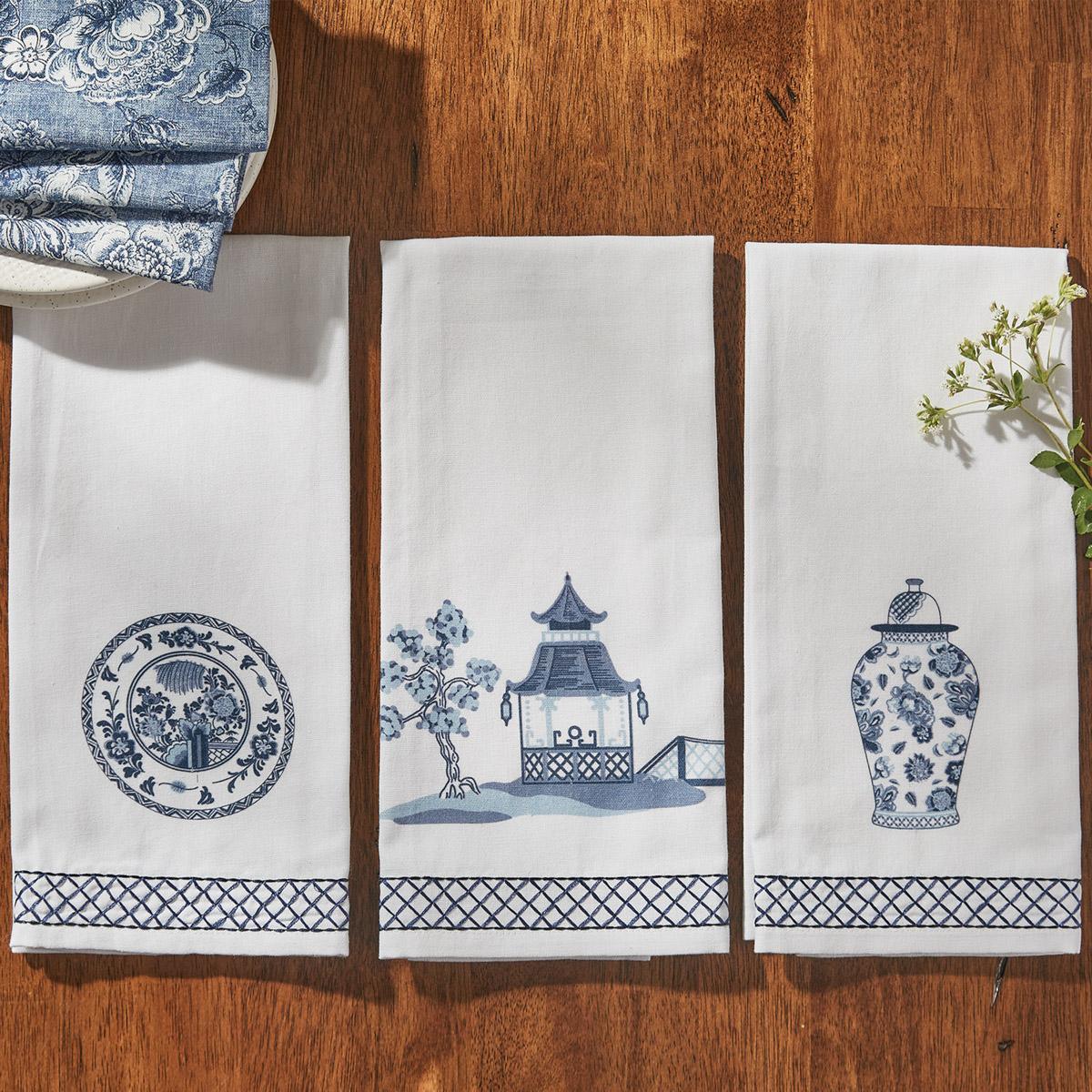 Chinois Printed/Embroidered Temple Jar Dishtowel - Set of 2 Park Designs - The Fox Decor