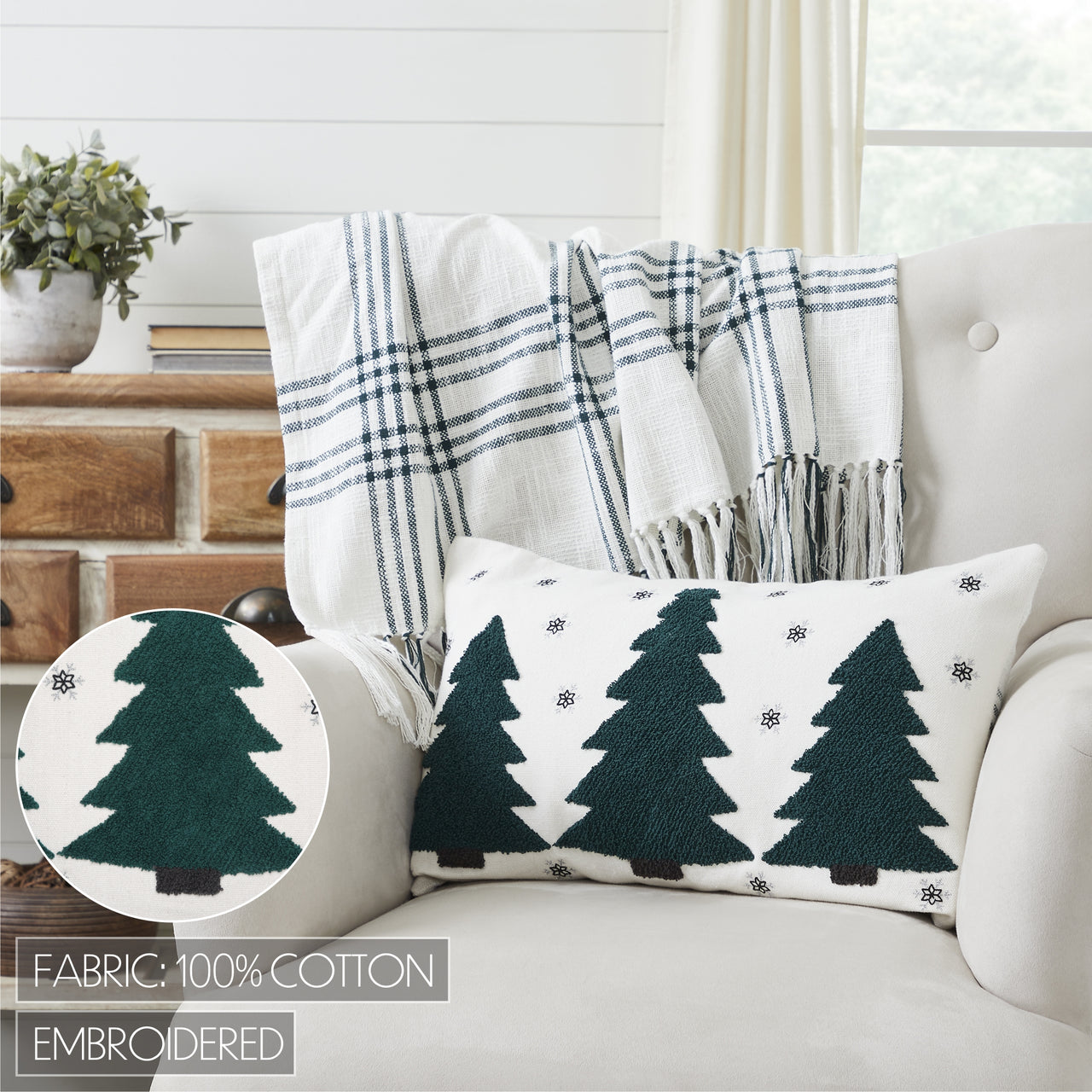 Pine Grove Plaid Embroidered Trees Pillow 14x22