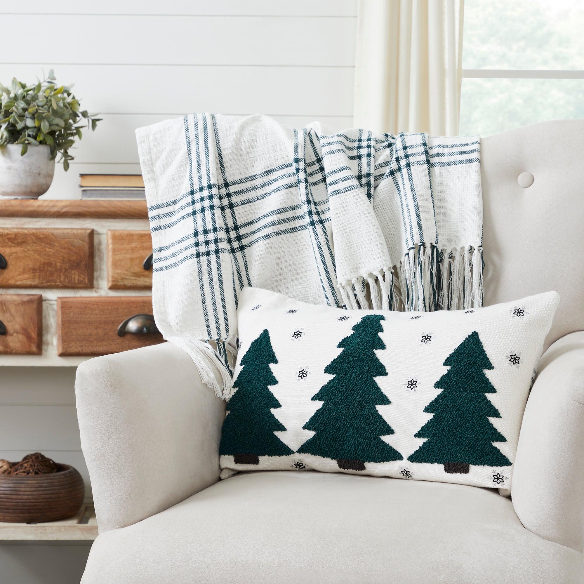 Pine Grove Plaid Embroidered Trees Pillow 14x22 - The Fox Decor