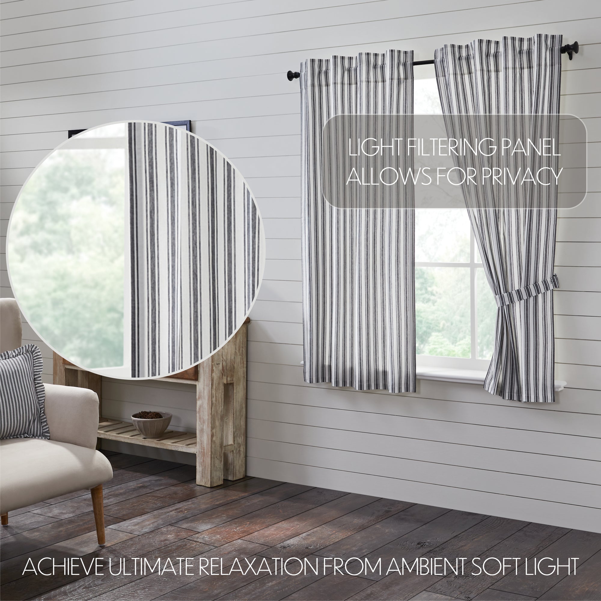 Sawyer Mill Black Ticking Stripe Short Curtain Panel Set of 2 63x36 VHC Brands