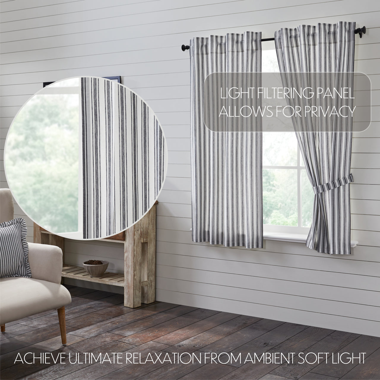 Sawyer Mill Black Ticking Stripe Short Curtain Panel Set of 2 63x36 VHC Brands