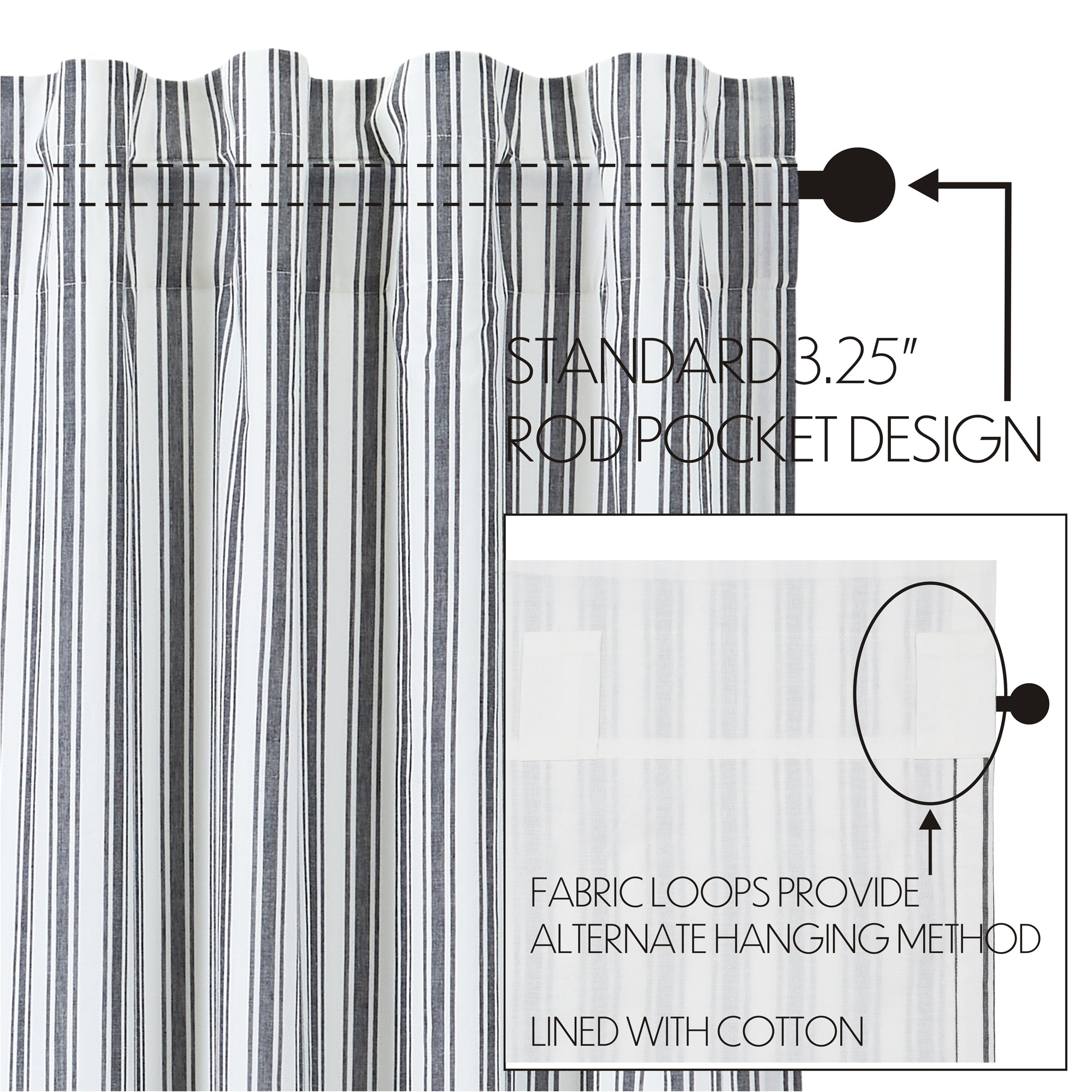 Sawyer Mill Black Ticking Stripe Short Curtain Panel Set of 2 63x36 VHC Brands