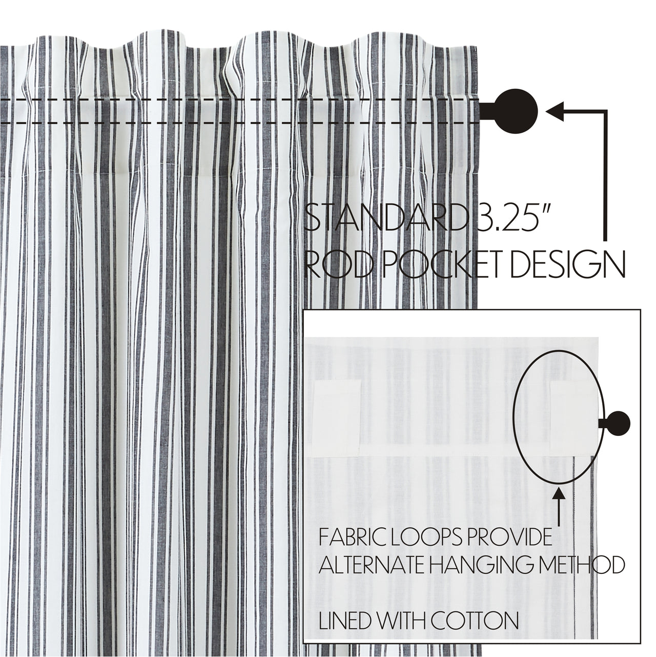 Sawyer Mill Black Ticking Stripe Short Curtain Panel Set of 2 63x36 VHC Brands