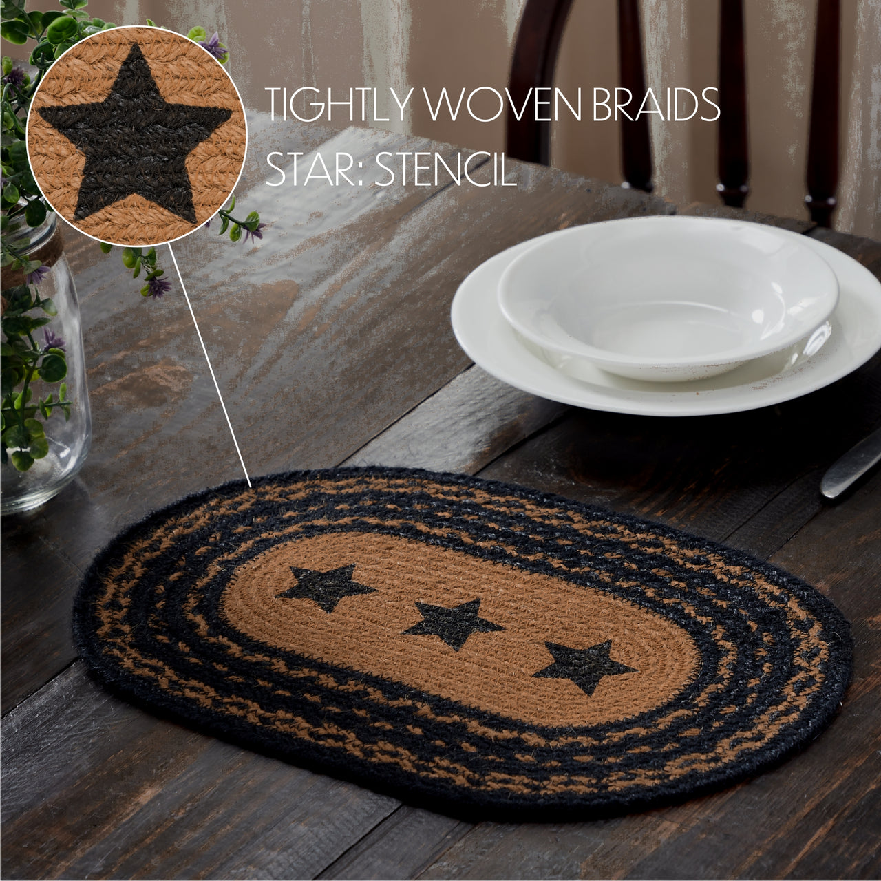 Farmhouse Jute Braided Placemat Stencil Stars 12x18 VHC Brands - The Fox Decor