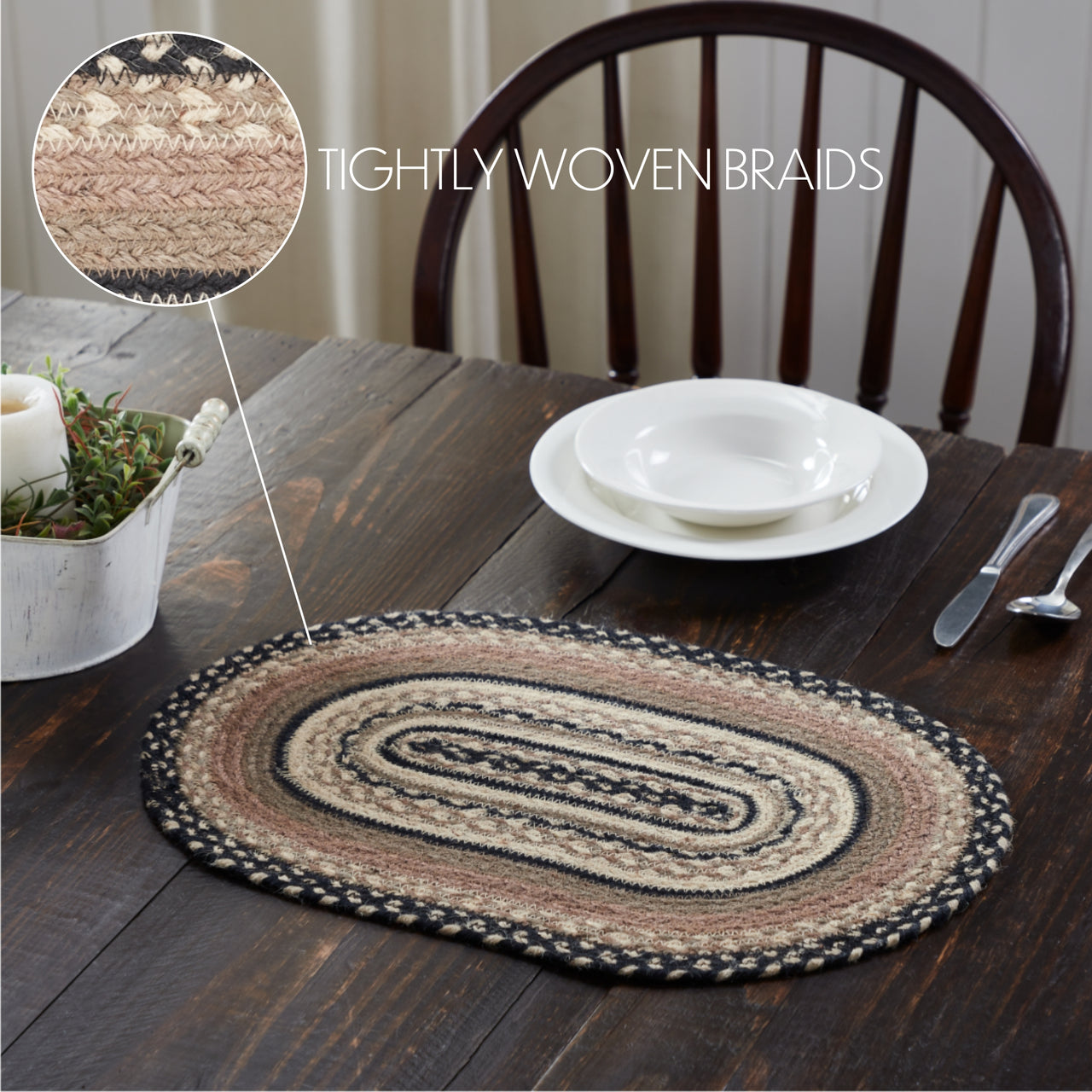Sawyer Mill Charcoal Creme Jute Braided Oval Placemat 12"x18" VHC Brands