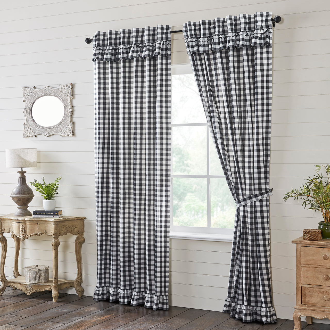 Annie Buffalo Black Check Ruffled Panel Curtain Set of 2 96"x50" VHC Brands