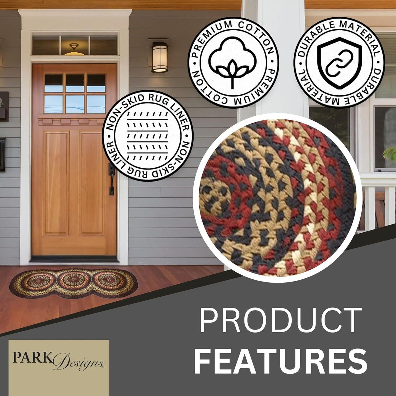 Red Folk Art Braided Rug Runner - 30"x72" (2.6'x6') Park Designs