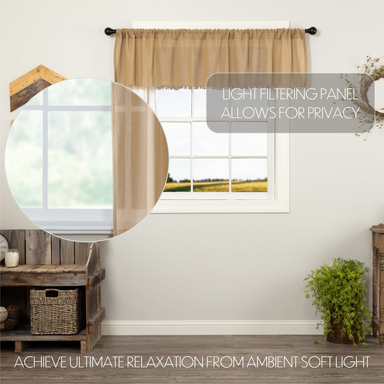 Tobacco Cloth Khaki Valance Curtain Fringed 16x72