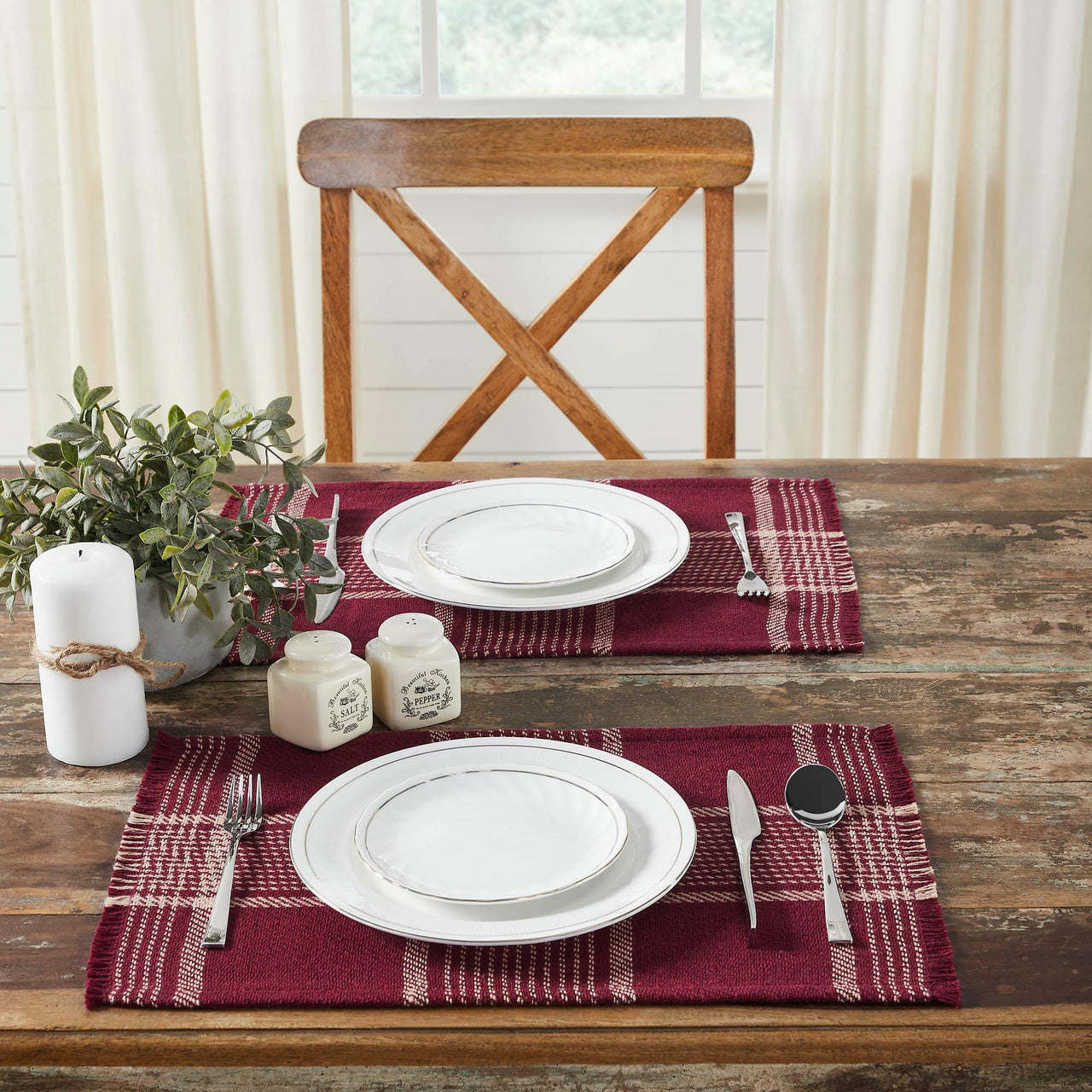 Eston Burgundy Tan Plaid Placemat Set of 2 13x19 - The Fox Decor