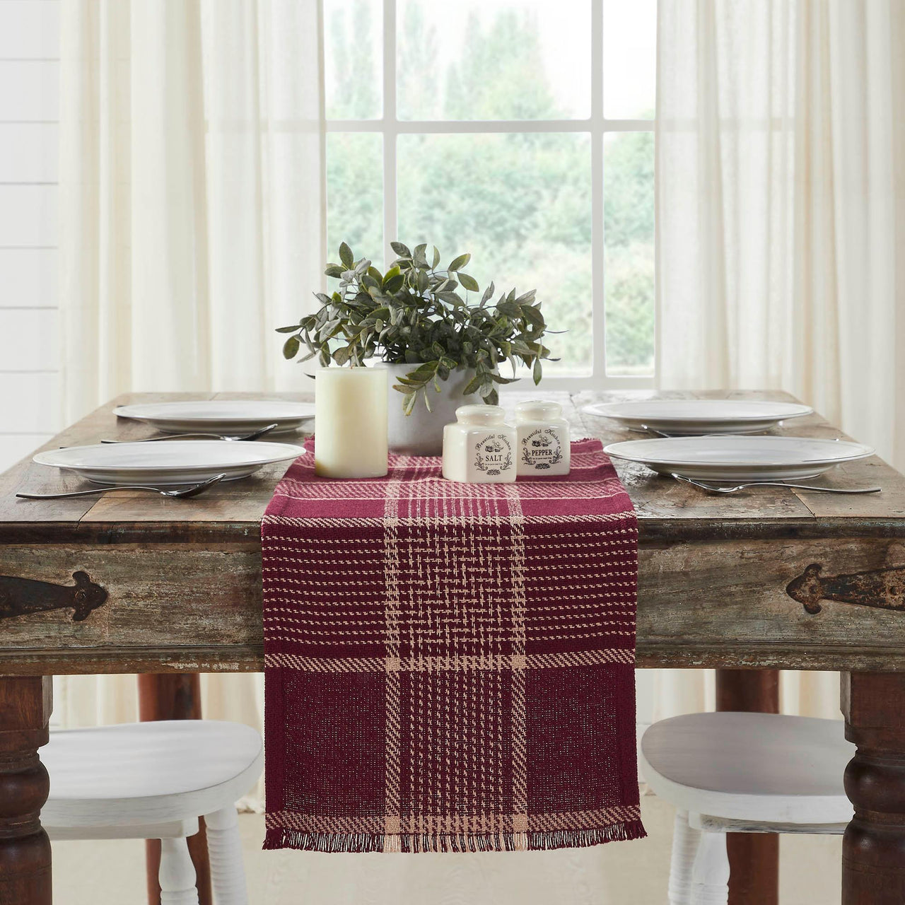 Eston Burgundy Tan Plaid Runner 12x36 - The Fox Decor