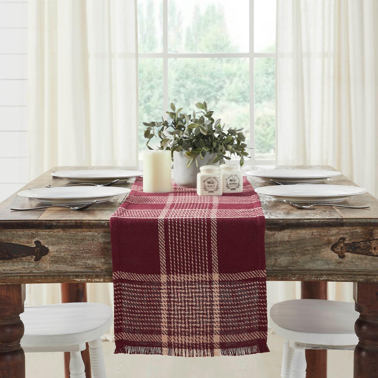 Eston Burgundy Tan Plaid Runner 12x48 - The Fox Decor
