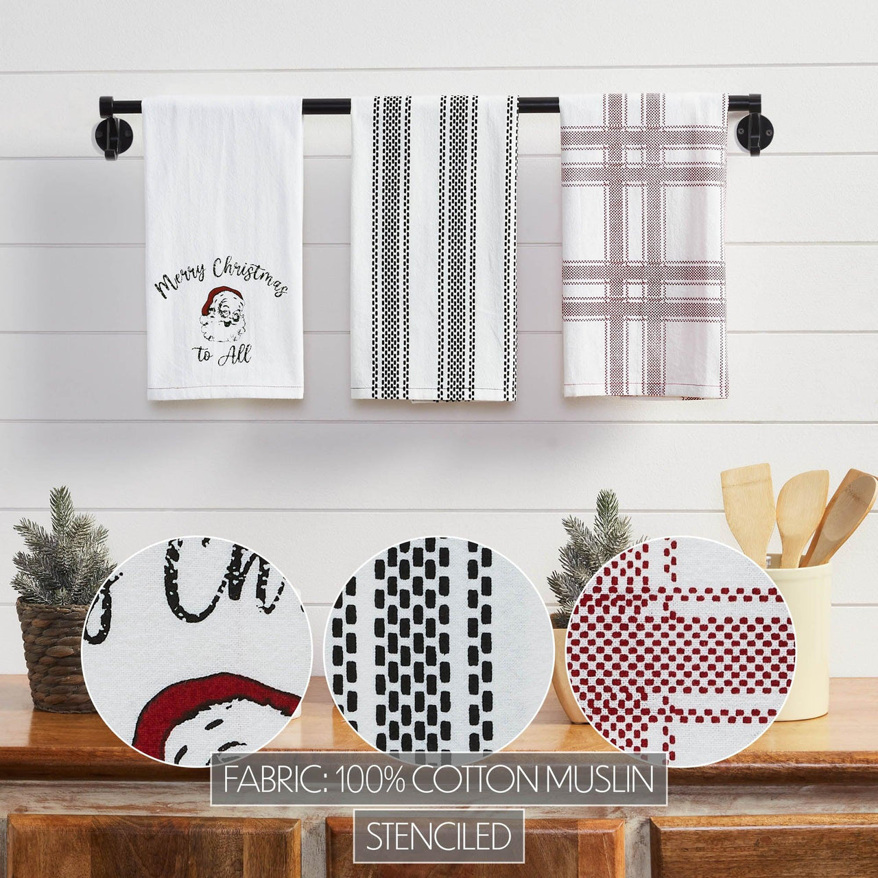 Annie Check Vintage Santa Tea Towel Set of 3 19x28 - The Fox Decor