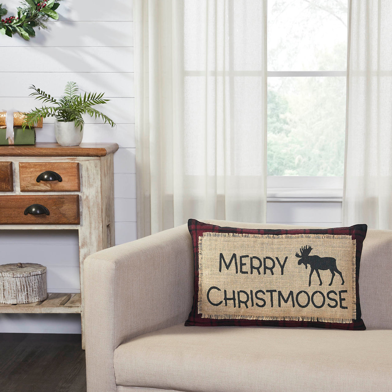 Cumberland Red Black Plaid Merry Christmoose Pillow 14x22 - The Fox Decor