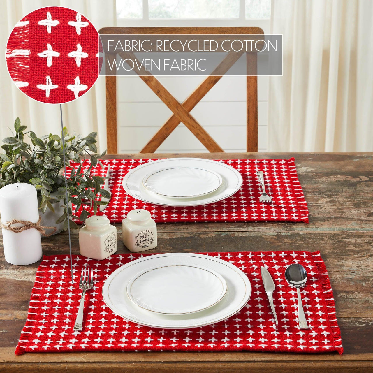 Gallen Red White Placemat Set of 2 Fringed 13x19 - The Fox Decor