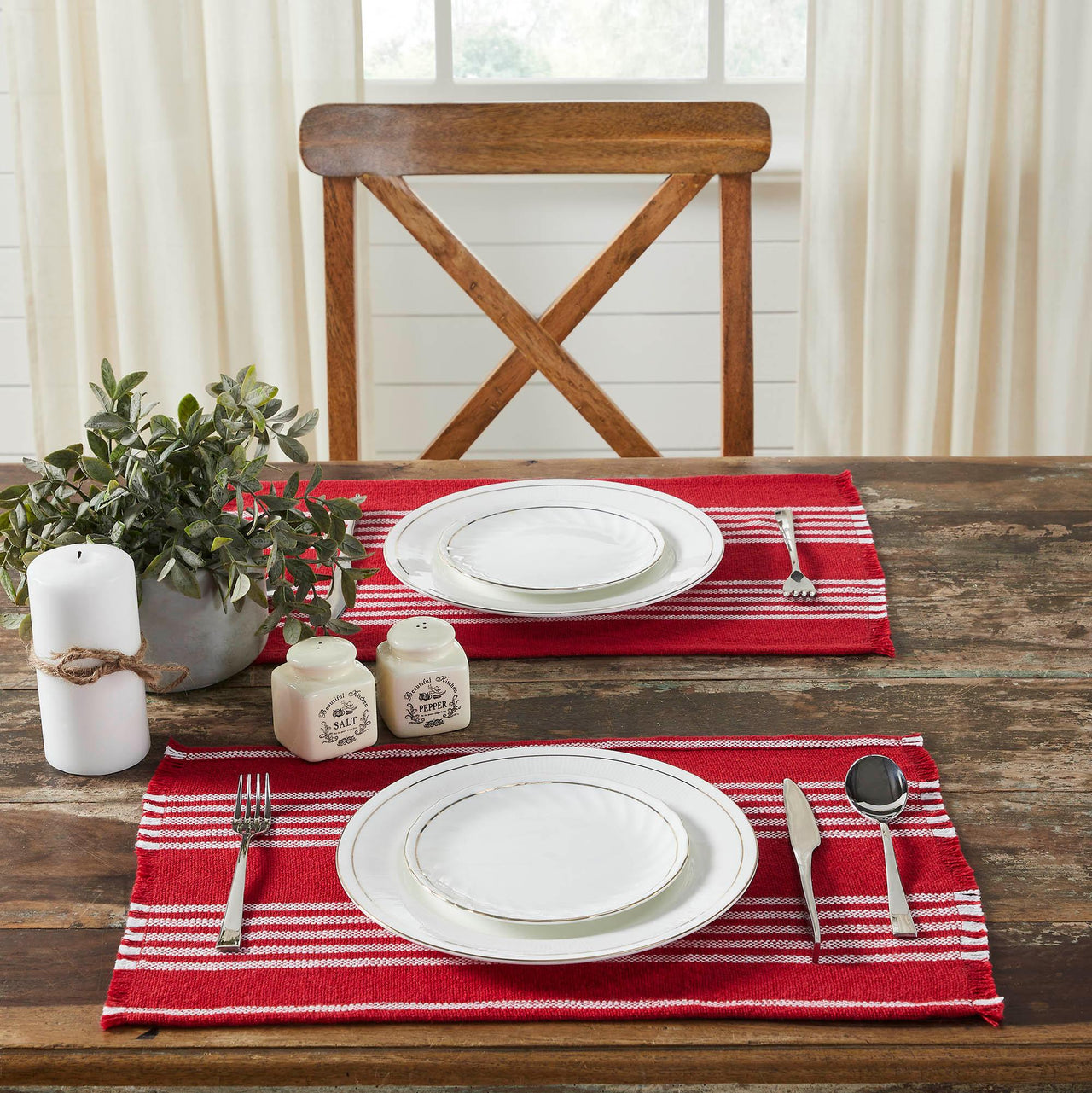 Arendal Red Stripe Placemat Set of 2 Fringed 13x19 - The Fox Decor
