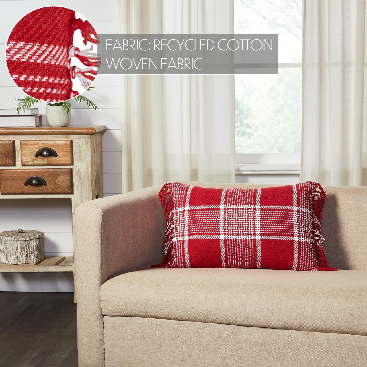 Eston Red White Plaid Pillow Fringed 14x22 - The Fox Decor