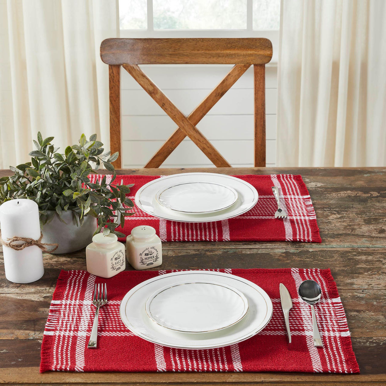 Eston Red White Plaid Placemat Set of 2 Fringed 13x19 - The Fox Decor