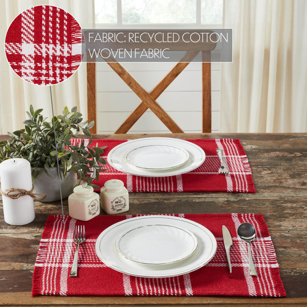 Eston Red White Plaid Placemat Set of 2 Fringed 13x19 - The Fox Decor