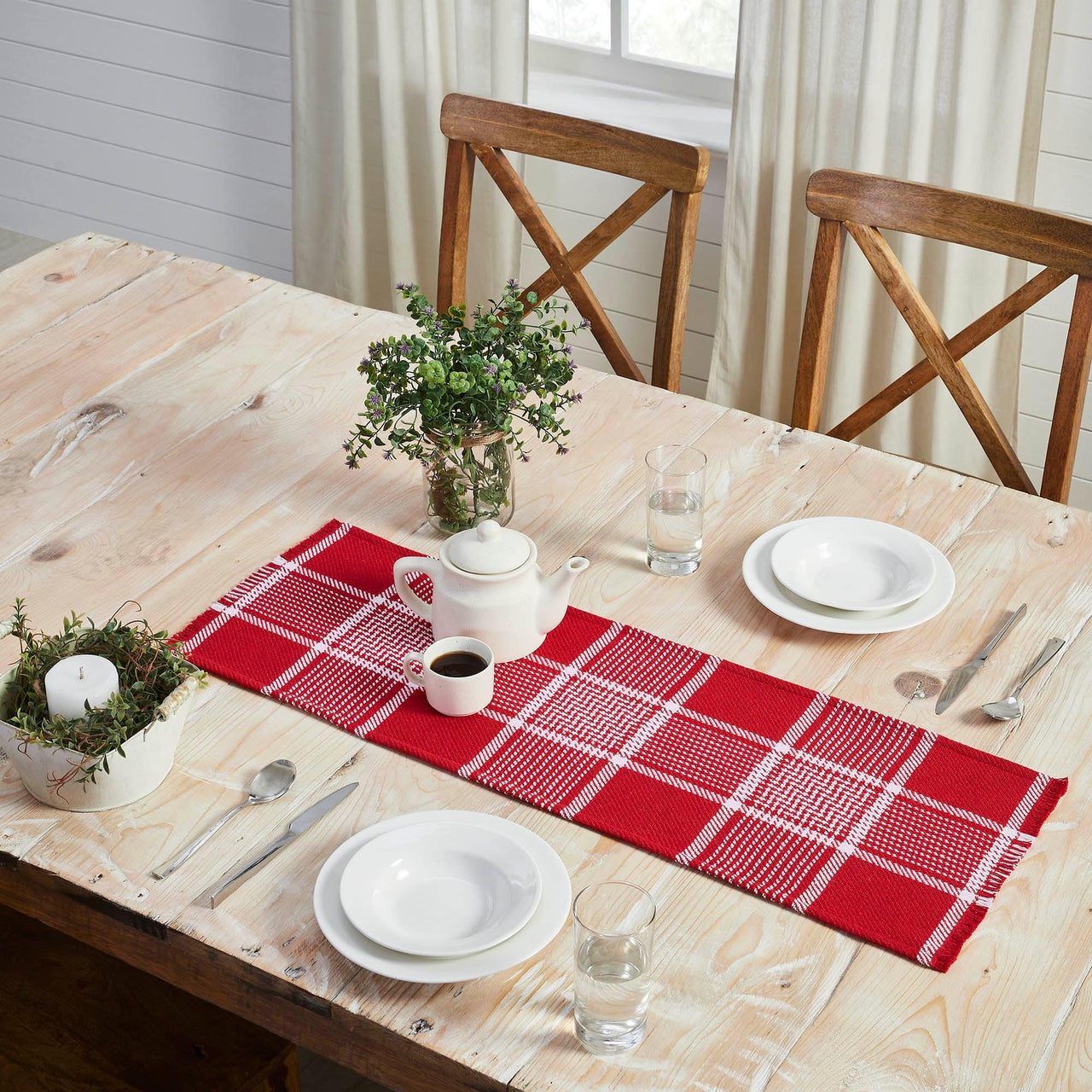 Eston Red White Plaid Runner Fringed 12x36 - The Fox Decor