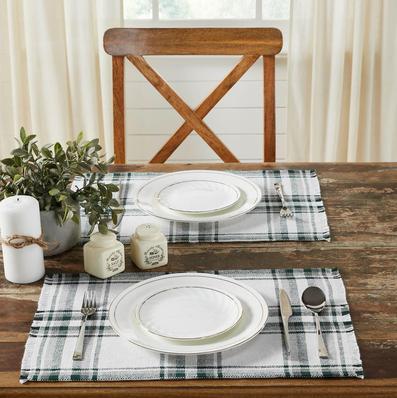Harper Plaid Green White Placemat Set of 2 Fringed 13x19 - The Fox Decor