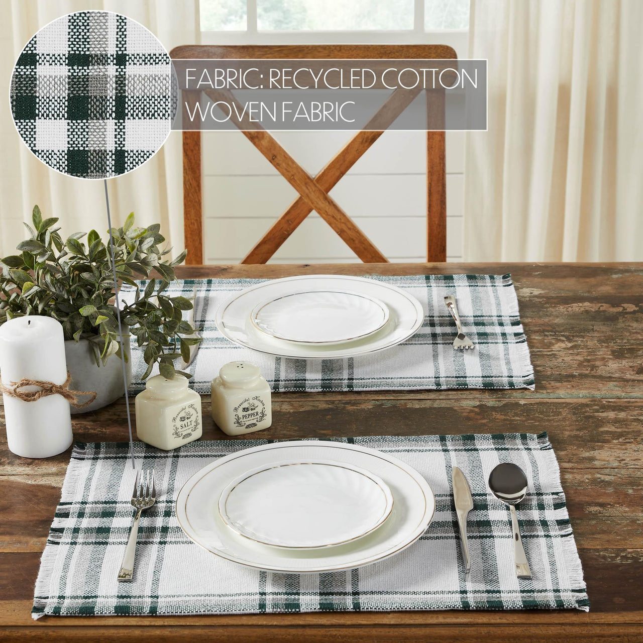 Harper Plaid Green White Placemat Set of 2 Fringed 13x19 - The Fox Decor