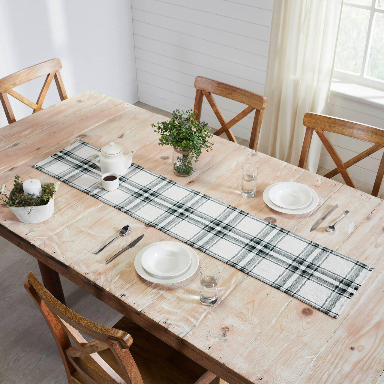 Harper Plaid Green White Runner Fringed 12x60 - The Fox Decor