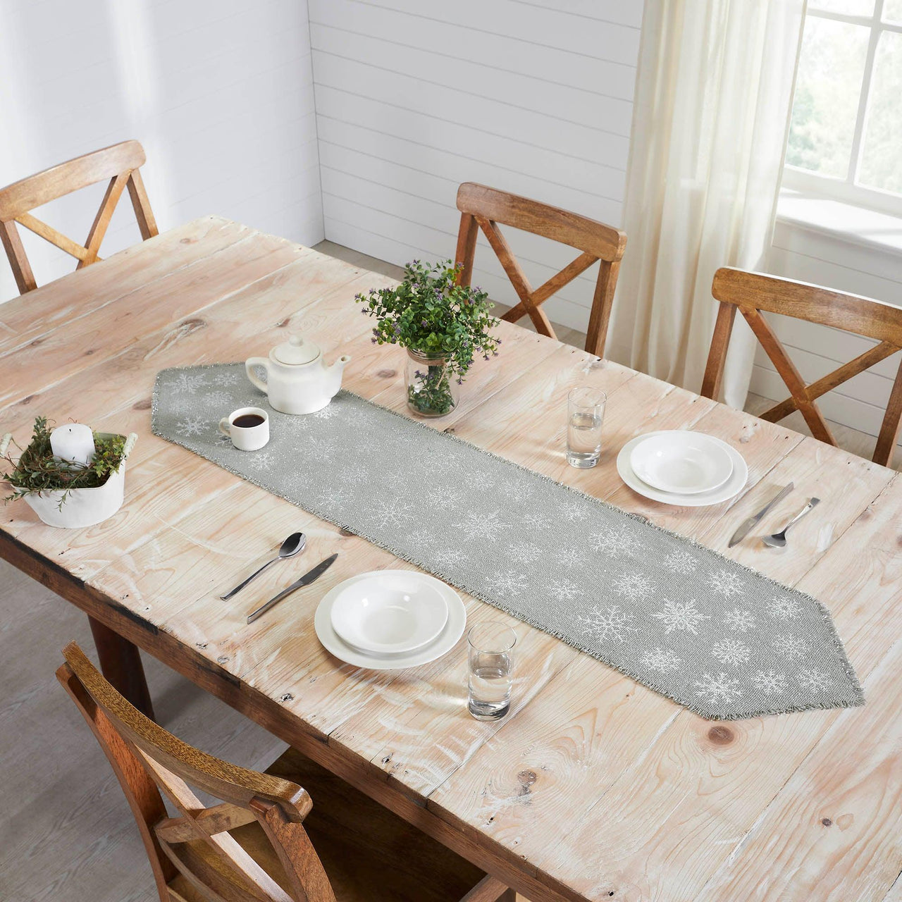 Yuletide Burlap Dove Grey Snowflake Runner 12x60 - The Fox Decor