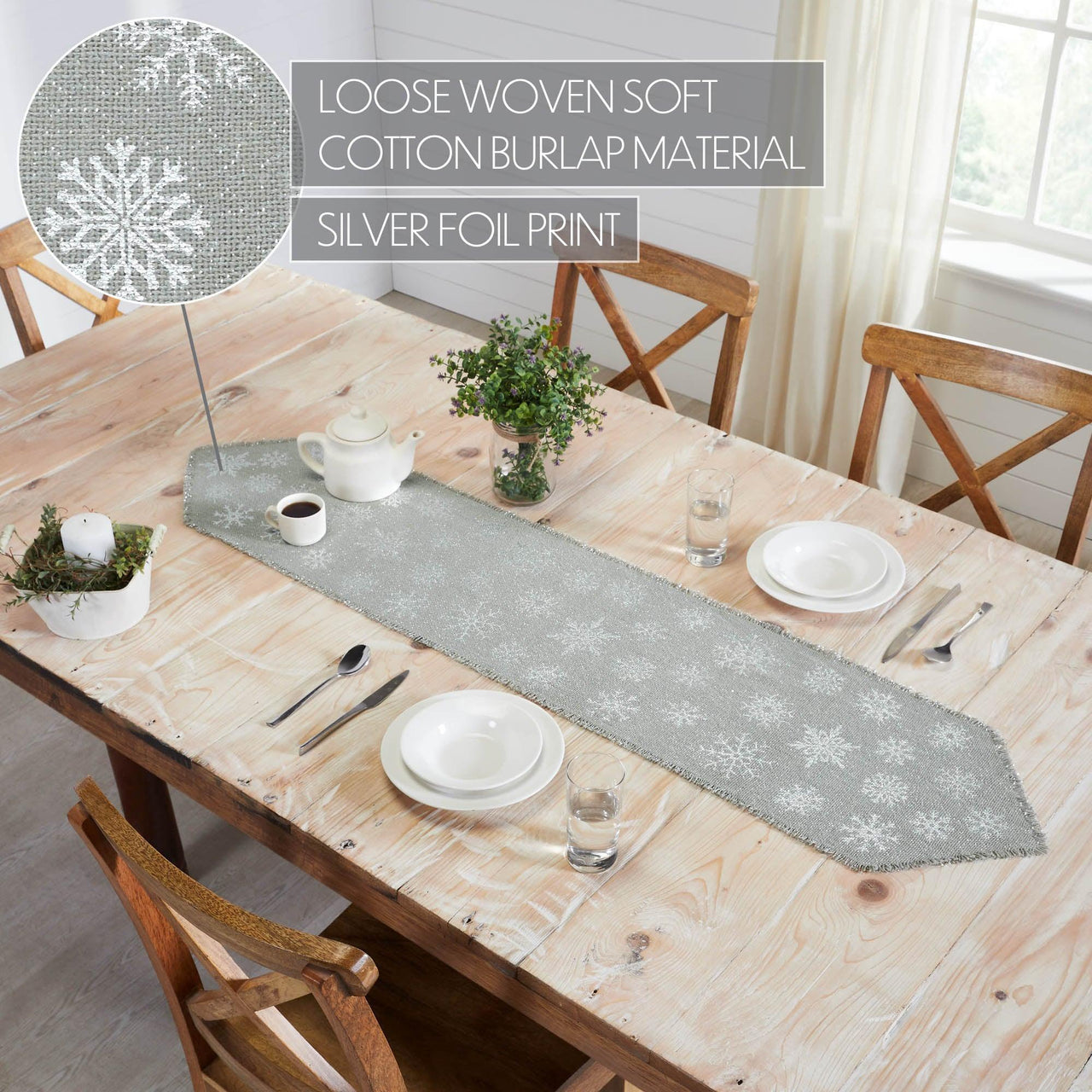 Yuletide Burlap Dove Grey Snowflake Runner 12x60 - The Fox Decor