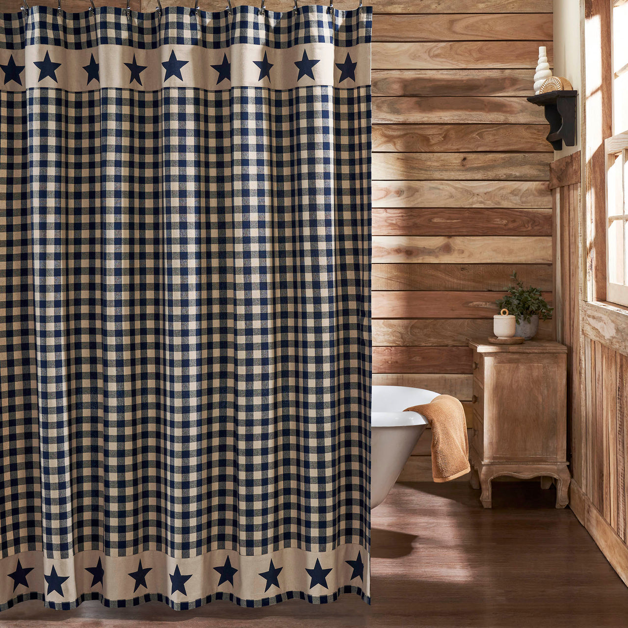 Allegiance Navy & Tan Check Shower Curtain 72x72 - The Fox Decor