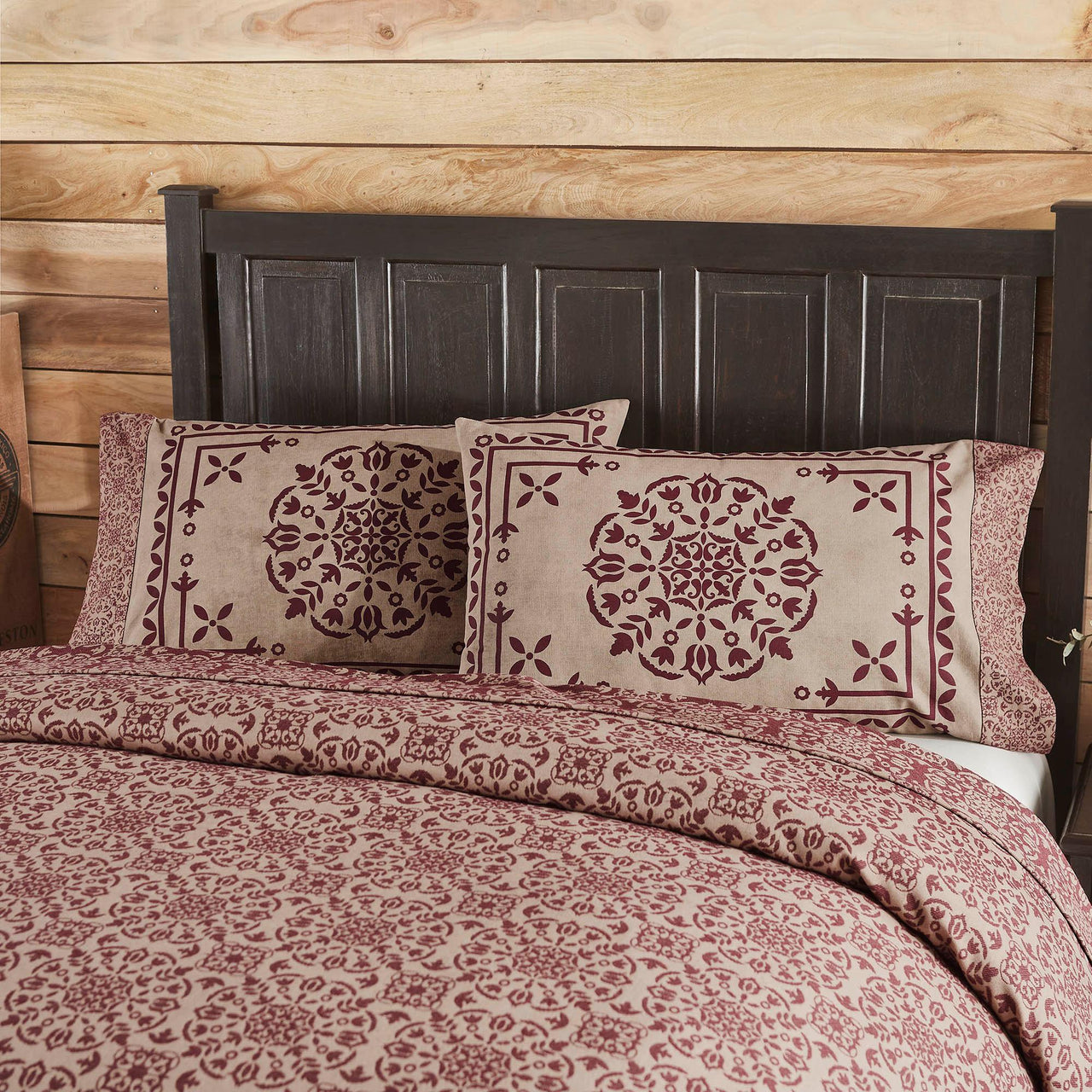 Custom House Burgundy Tan Jacquard Standard Pillow Case Set of 2 21x30+4 - The Fox Decor