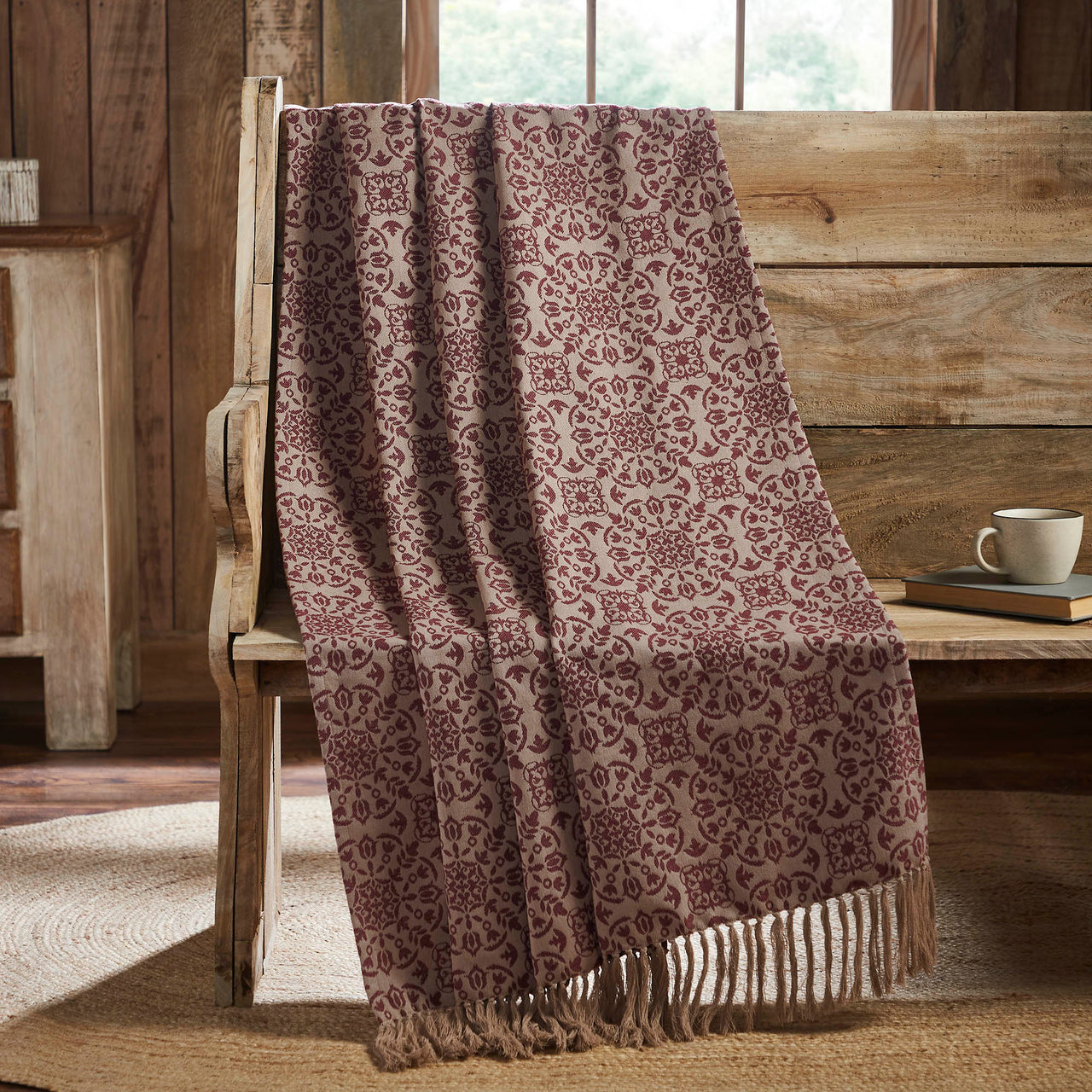 Custom House Burgundy Tan Jacquard Woven Throw 50x60 - The Fox Decor