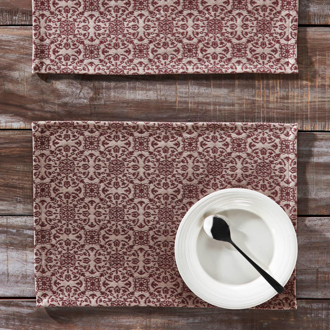 Custom House Burgundy Tan Jacquard Placemat Set of 2 13x19 - The Fox Decor