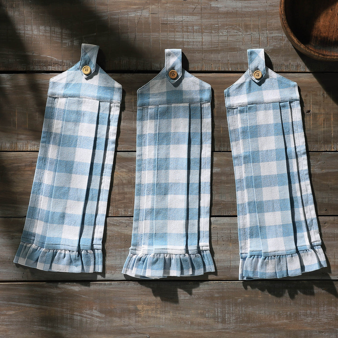 Annie Buffalo Check Blue Button Loop Tea Towel Set of 3