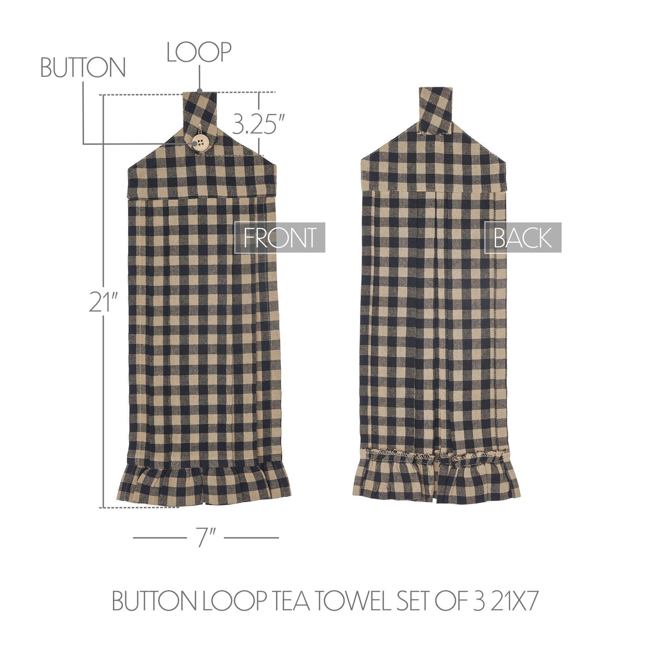 Black Check Button Loop Tea Towel Set of 3 - The Fox Decor