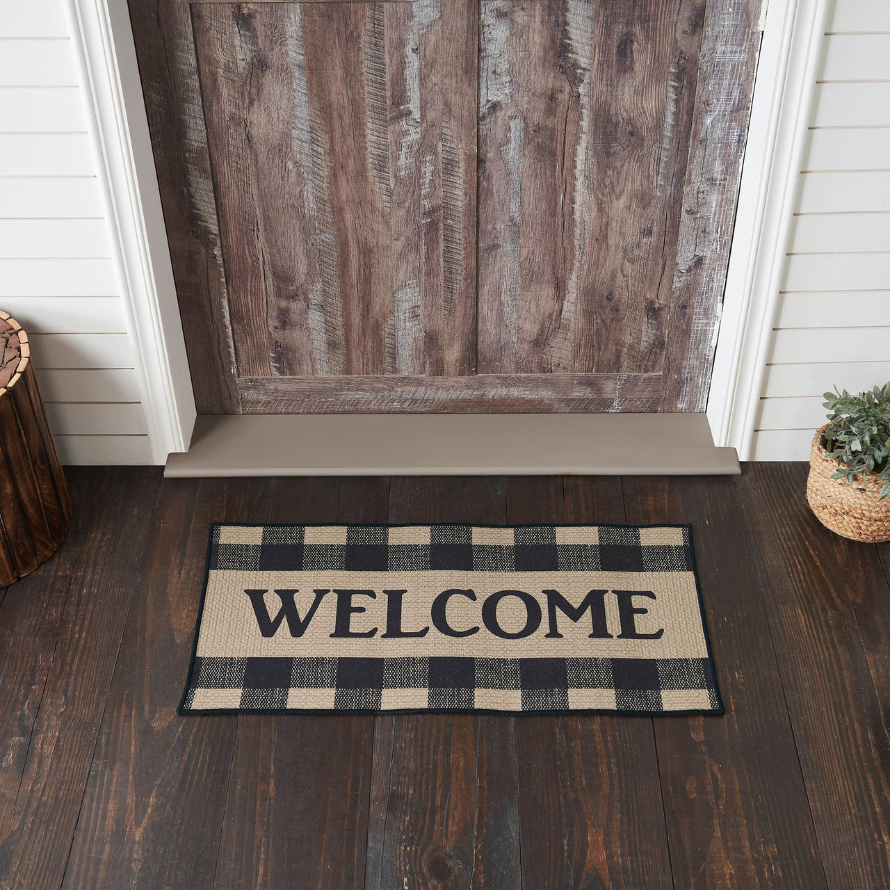 Black Check Welcome Polyester Rug Rect 17x36 - The Fox Decor