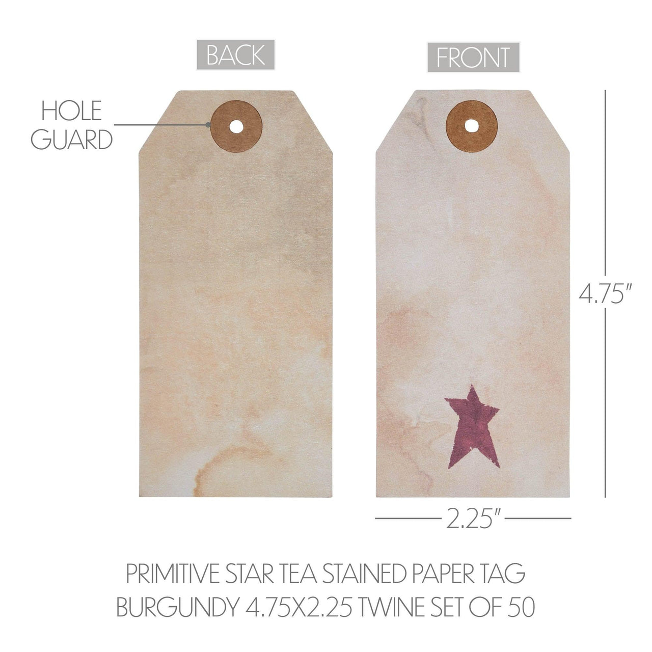 Primitive Star Tea Stained Paper Tag Burgundy 4.75x2.25 w/ Twine Set of 50 - The Fox Decor