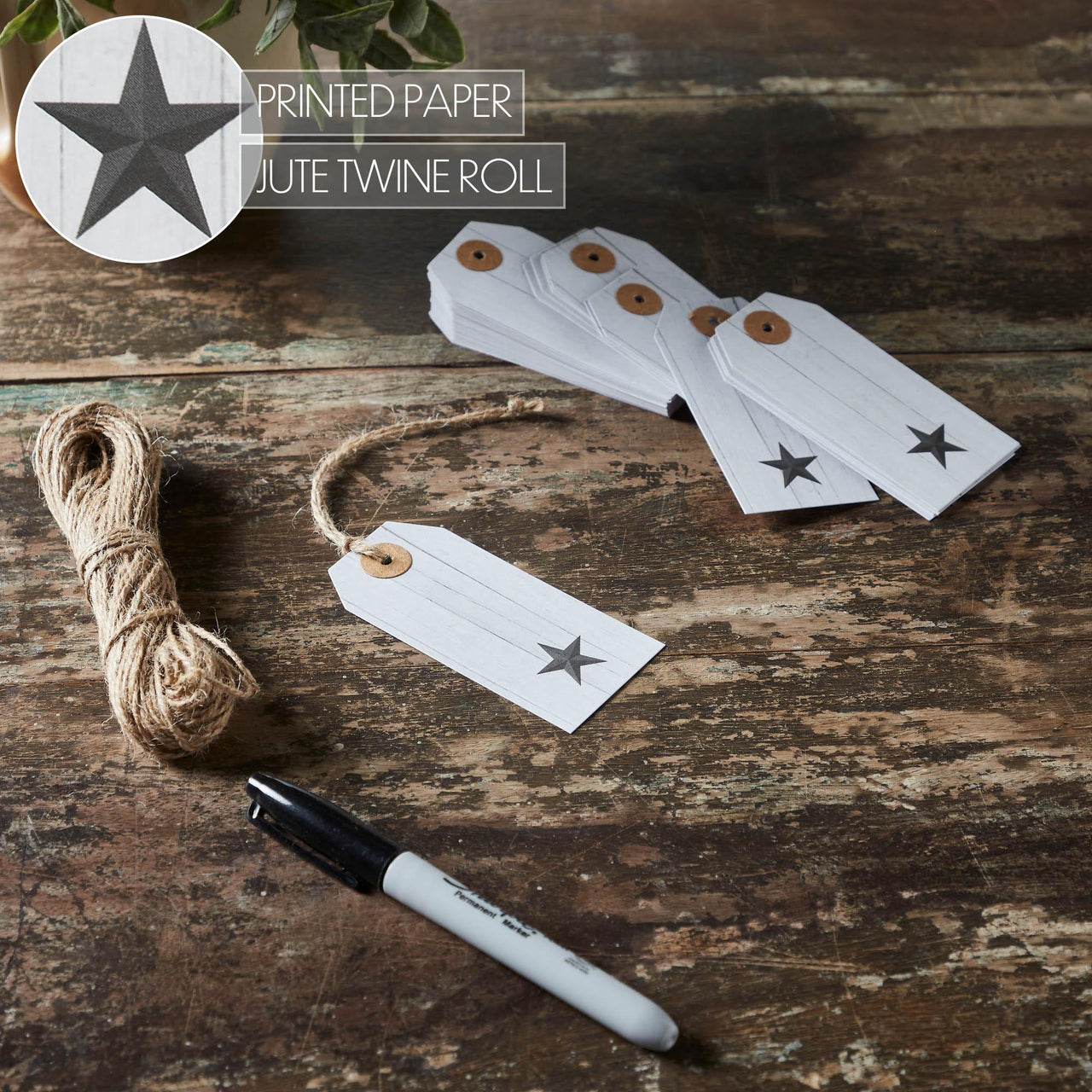 Faceted Barn Star Barnwood Paper Tag Charcoal 3.75x1.75 w/ Twine Set of 50 - The Fox Decor