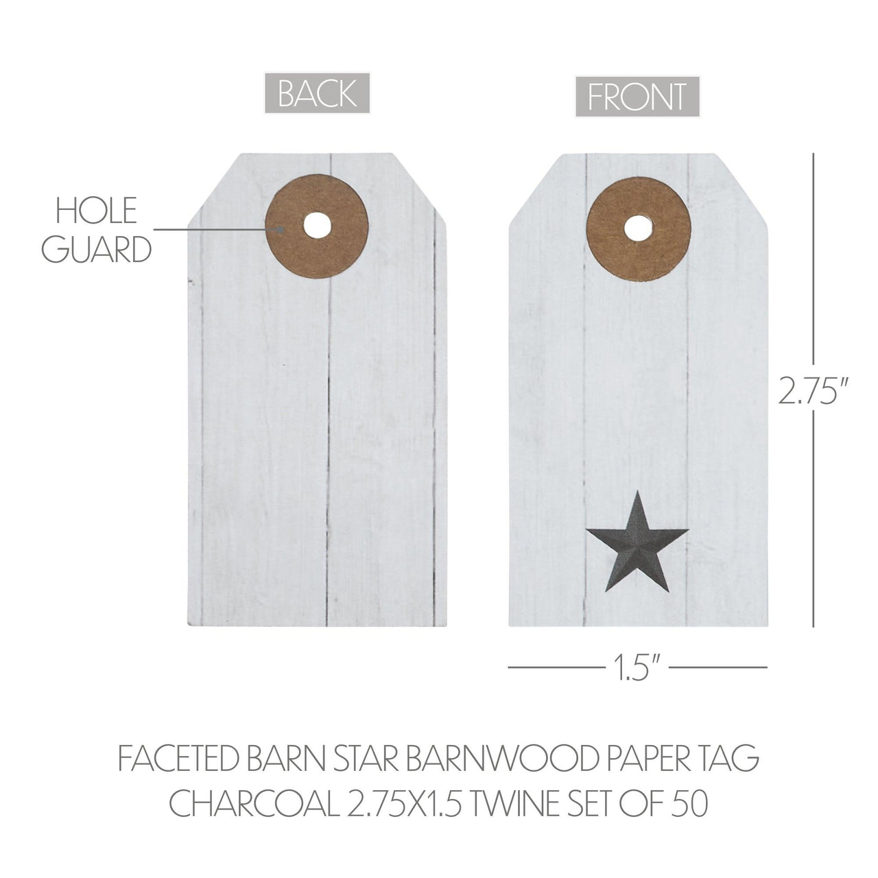 Faceted Barn Star Barnwood Paper Tag Charcoal 2.75x1.5 w/ Twine Set of 50 - The Fox Decor