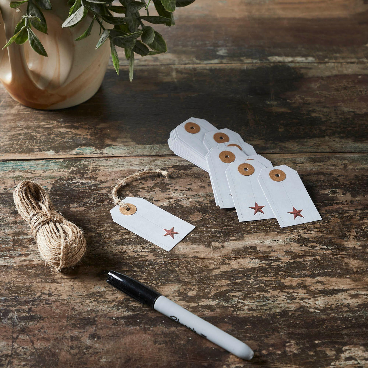 Faceted Barn Star Barnwood Paper Tag Barn Red 2.75x1.5 w/ Twine Set of 50 - The Fox Decor