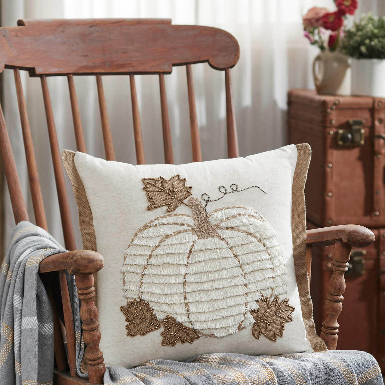 Embroidered Pumpkin Jute Flange Pillow 18x18 - The Fox Decor