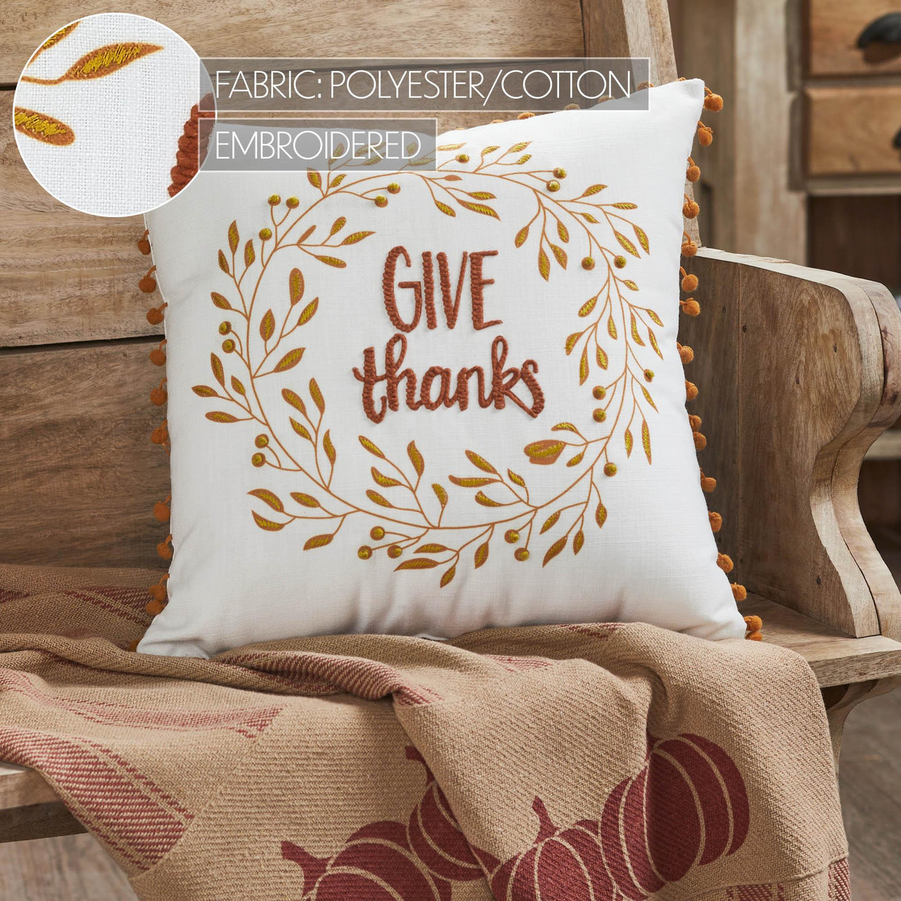Give Thanks Wreath Pom Pom Pillow 18x18 - The Fox Decor