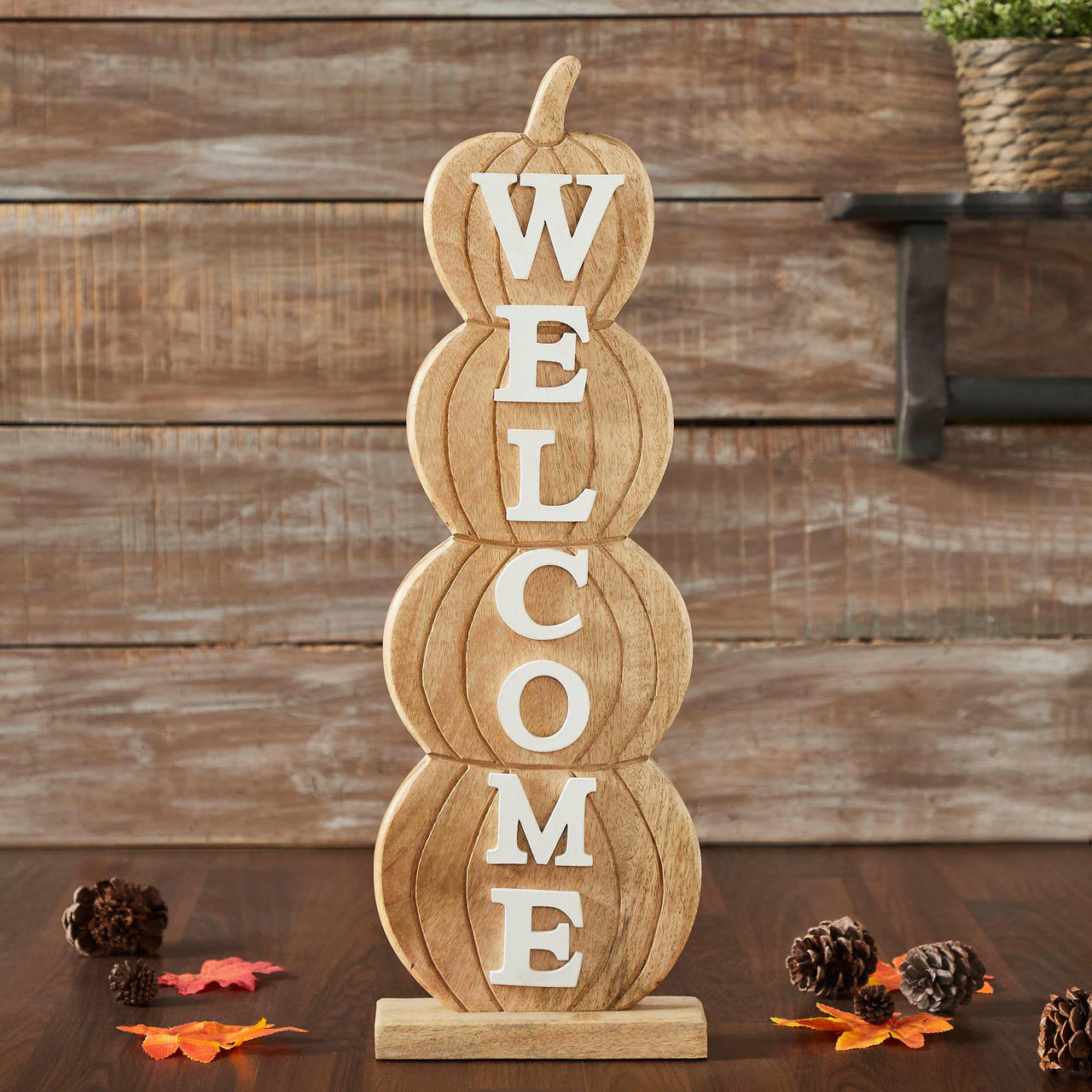 Pumpkin Stack Welcome Wooden Sign Large 24.5x8.25x3 - The Fox Decor