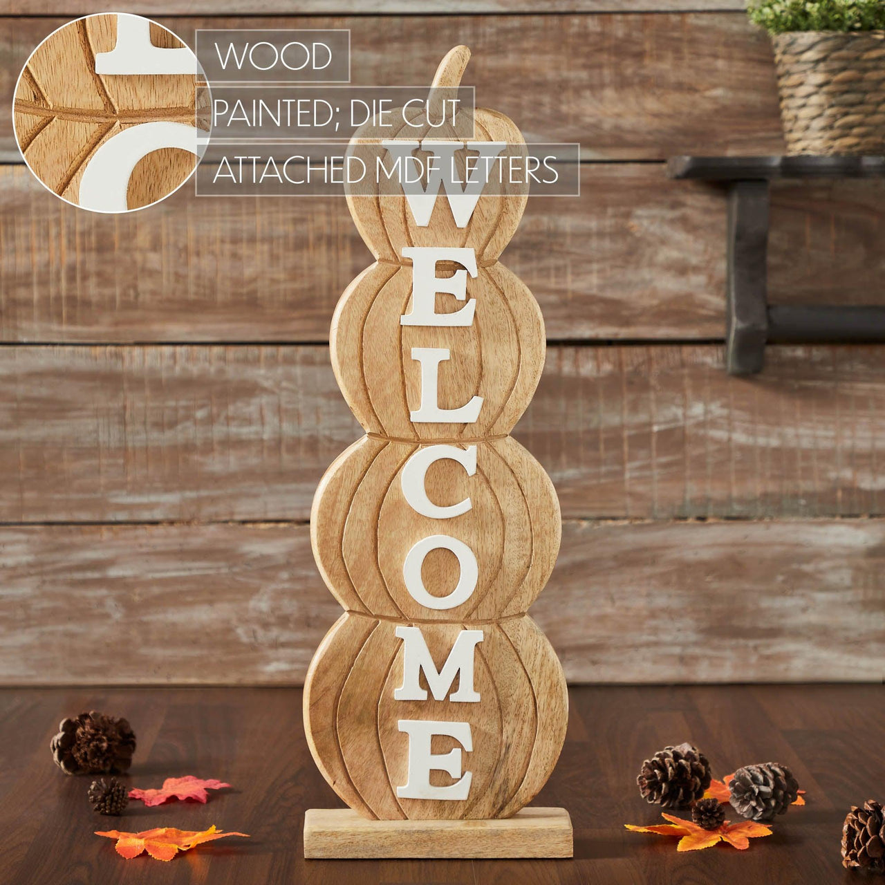 Pumpkin Stack Welcome Wooden Sign Large 24.5x8.25x3 - The Fox Decor
