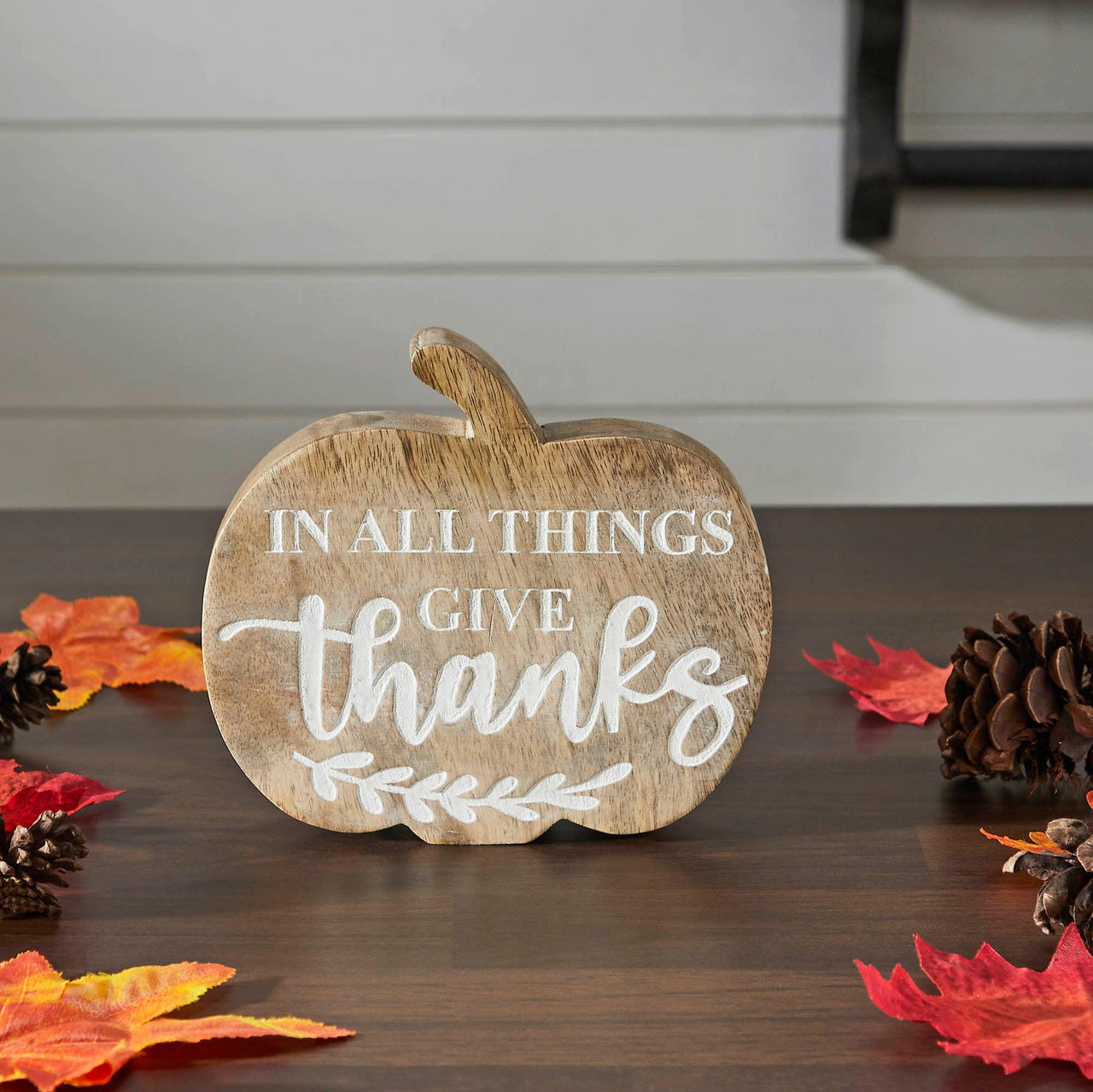 In All Things Give Thanks Pumpkin Shaped Wood Decor 6.75x6.5x1.25 - The Fox Decor